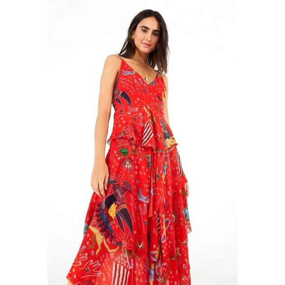 Farm Rio Red Spaghetti Strap Carnival Printed Midi Dress sz S - Picture 1 of 9